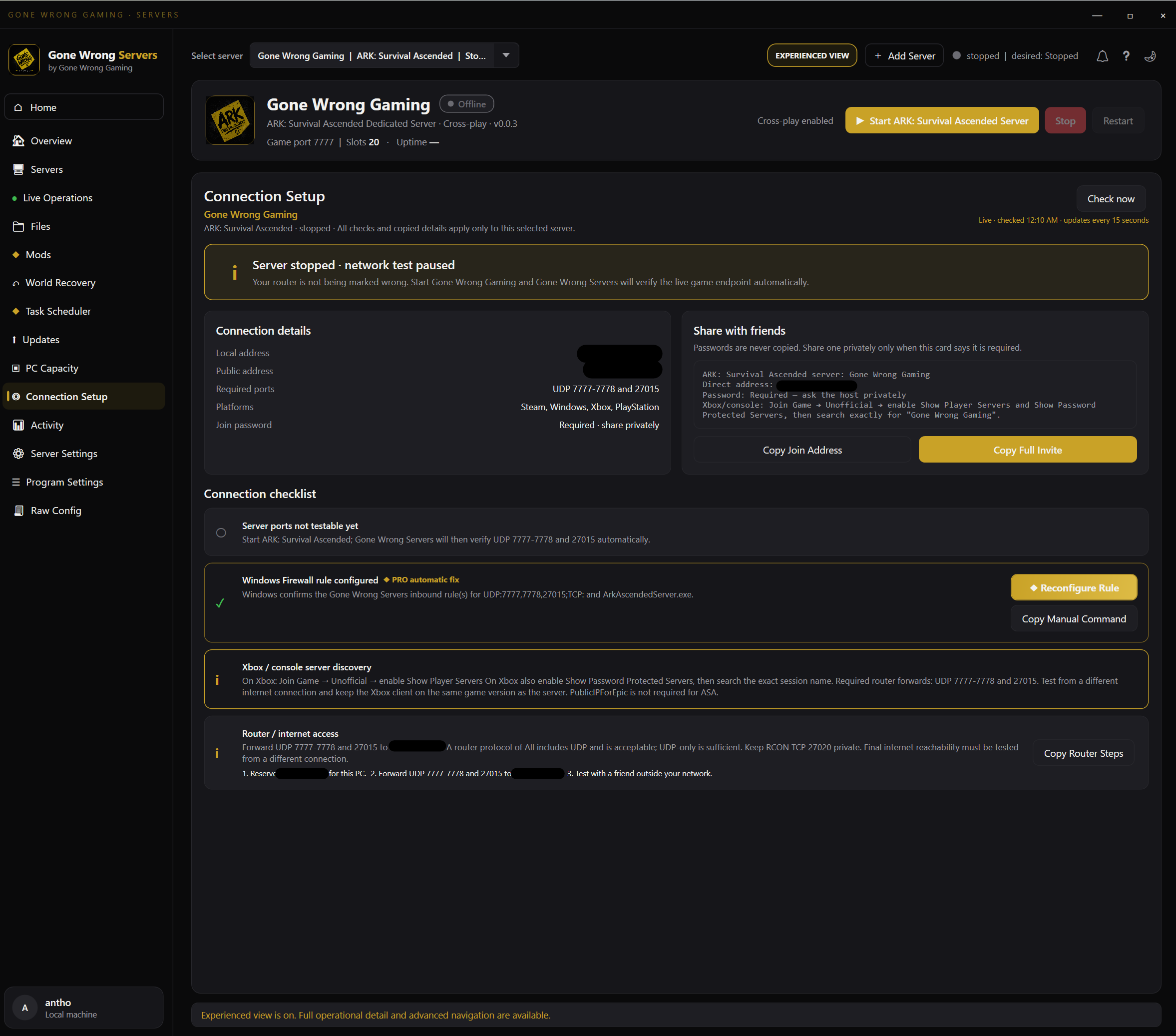 Connection Setup screen in Gone Wrong Servers