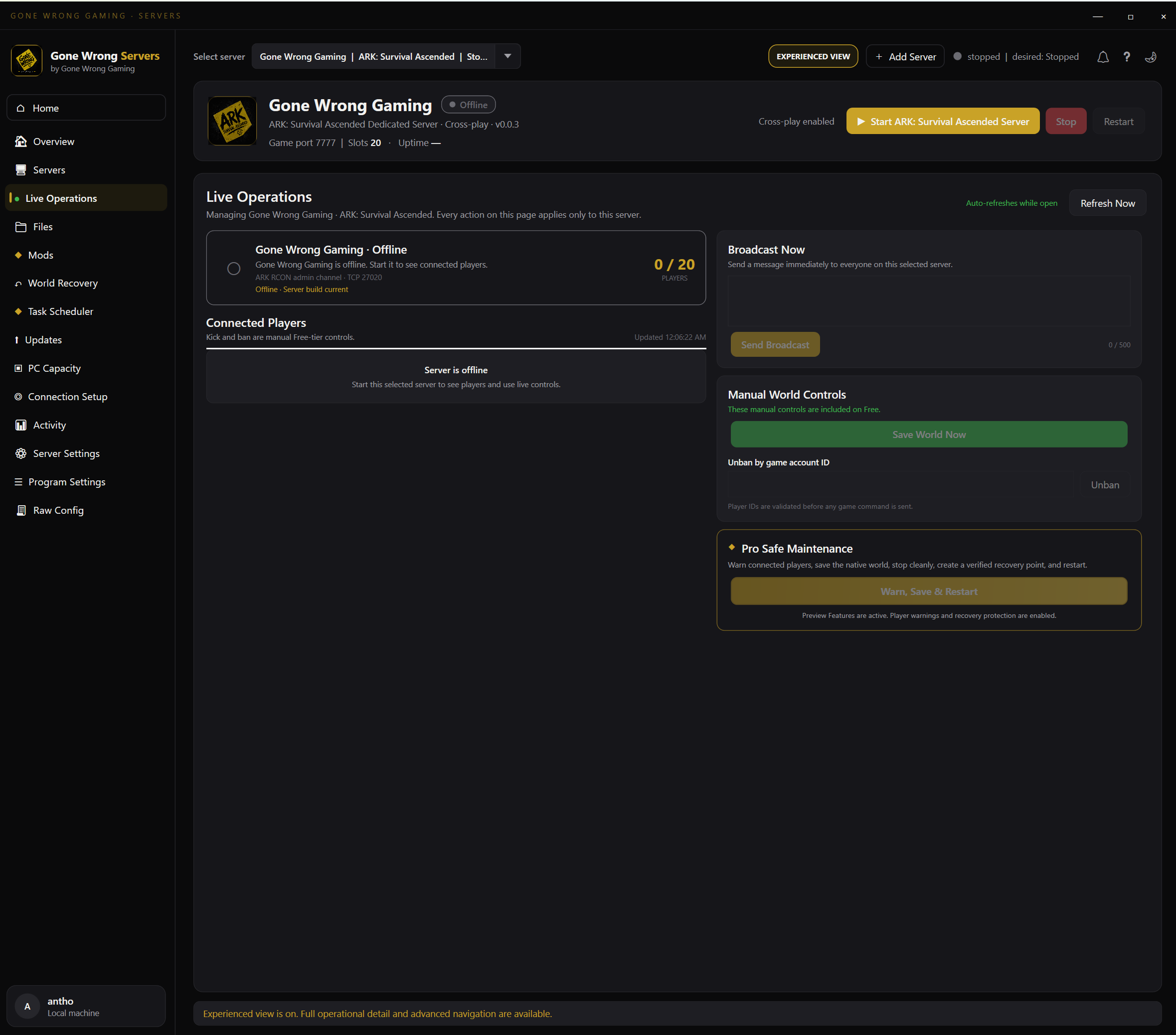 Live Operations screen in Gone Wrong Servers