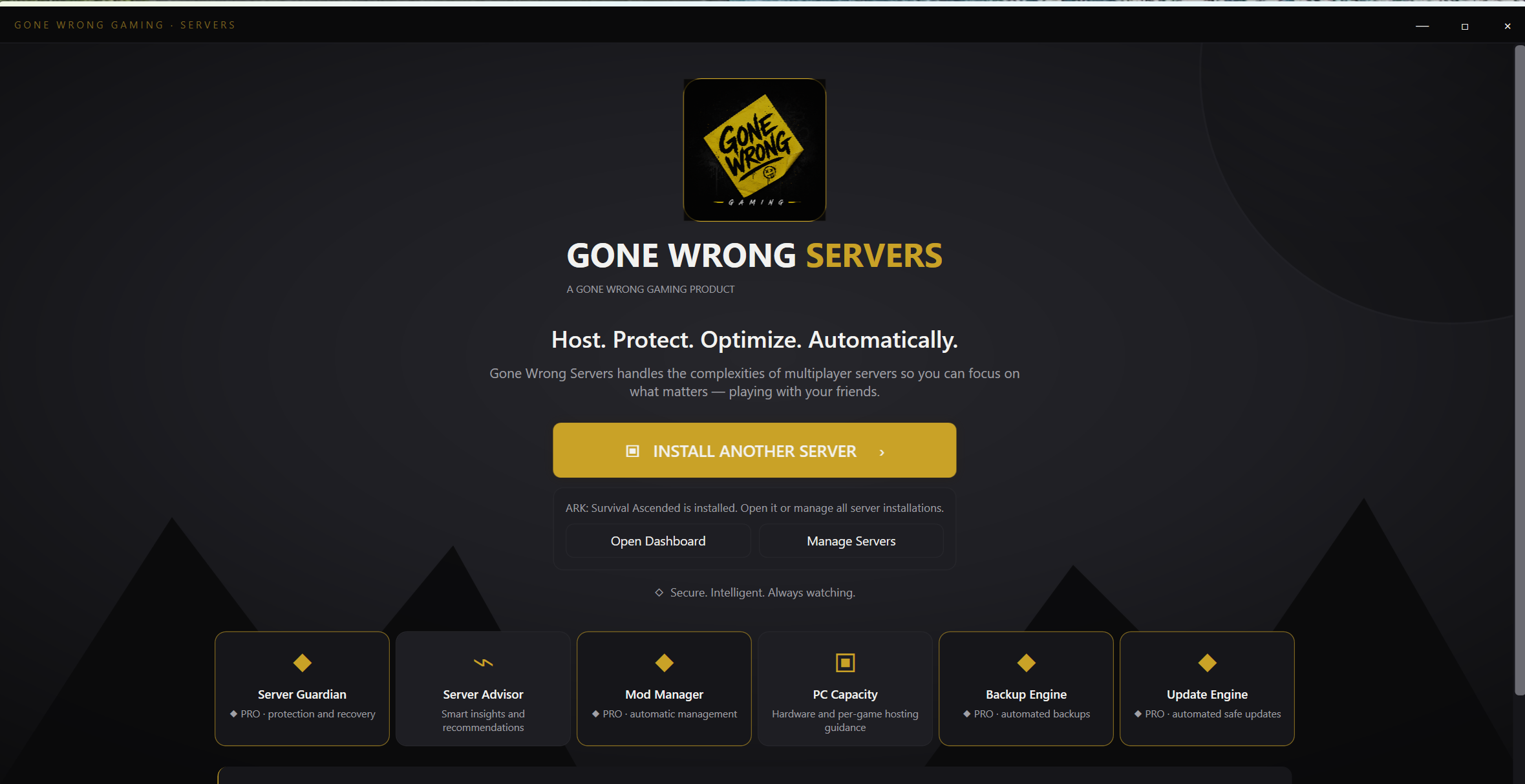 Gone Wrong Servers home screen showing one-click server install, dashboard access and feature cards