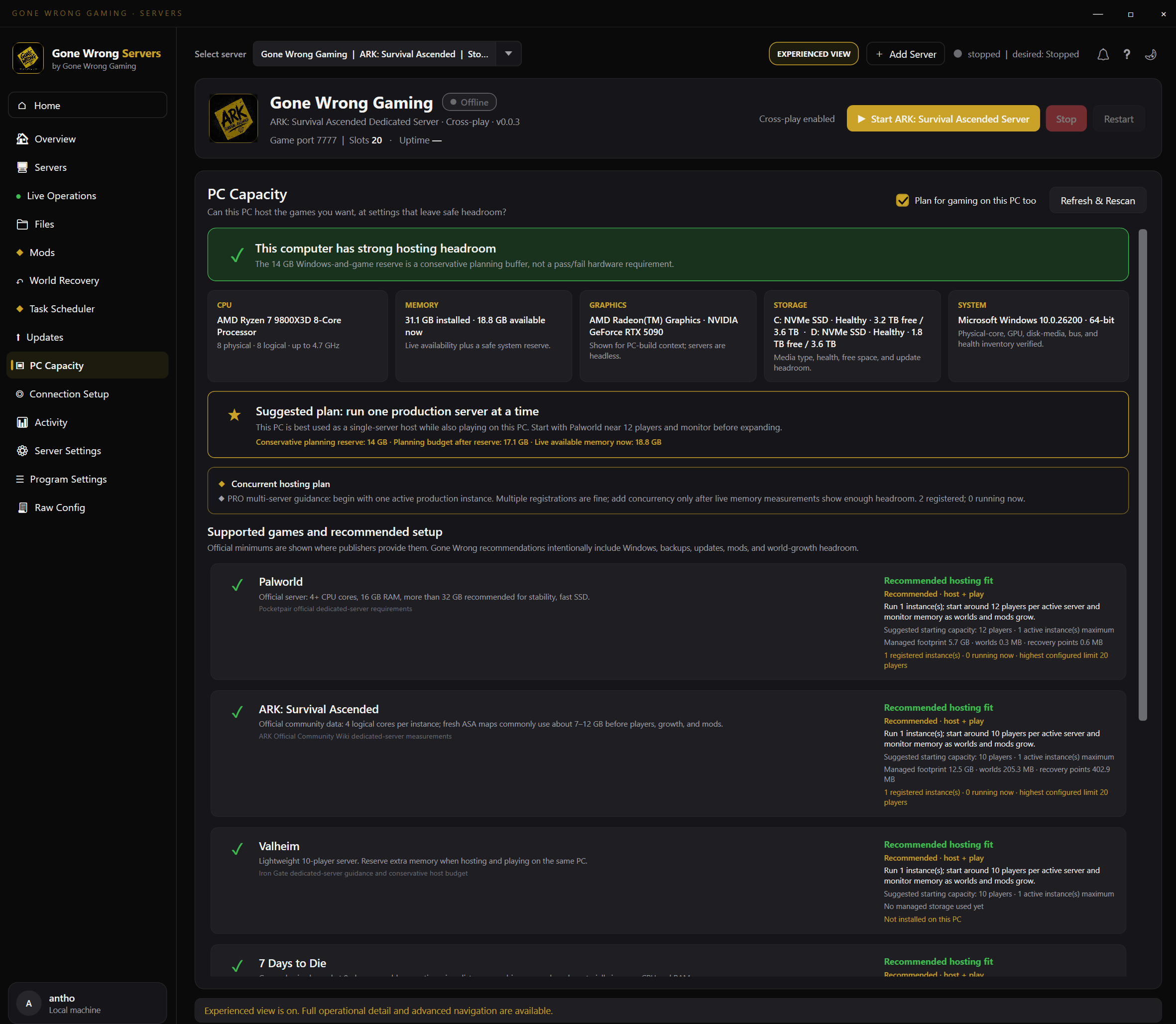 PC Capacity screen in Gone Wrong Servers