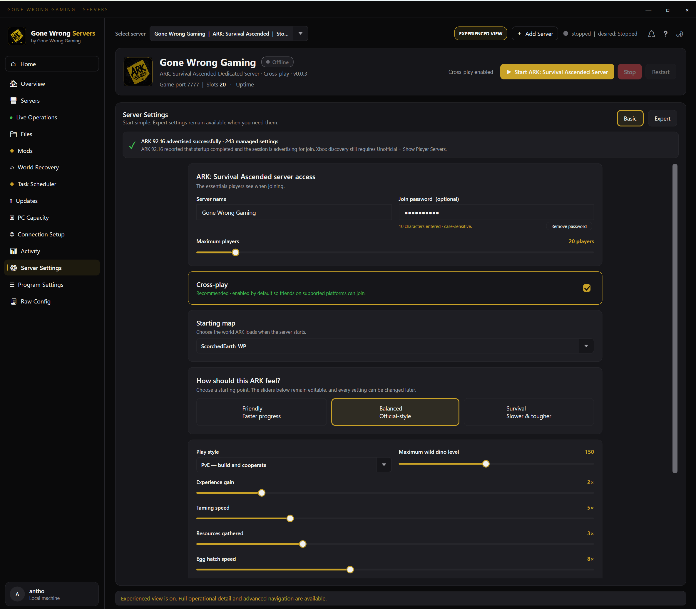 Server Settings screen in Gone Wrong Servers