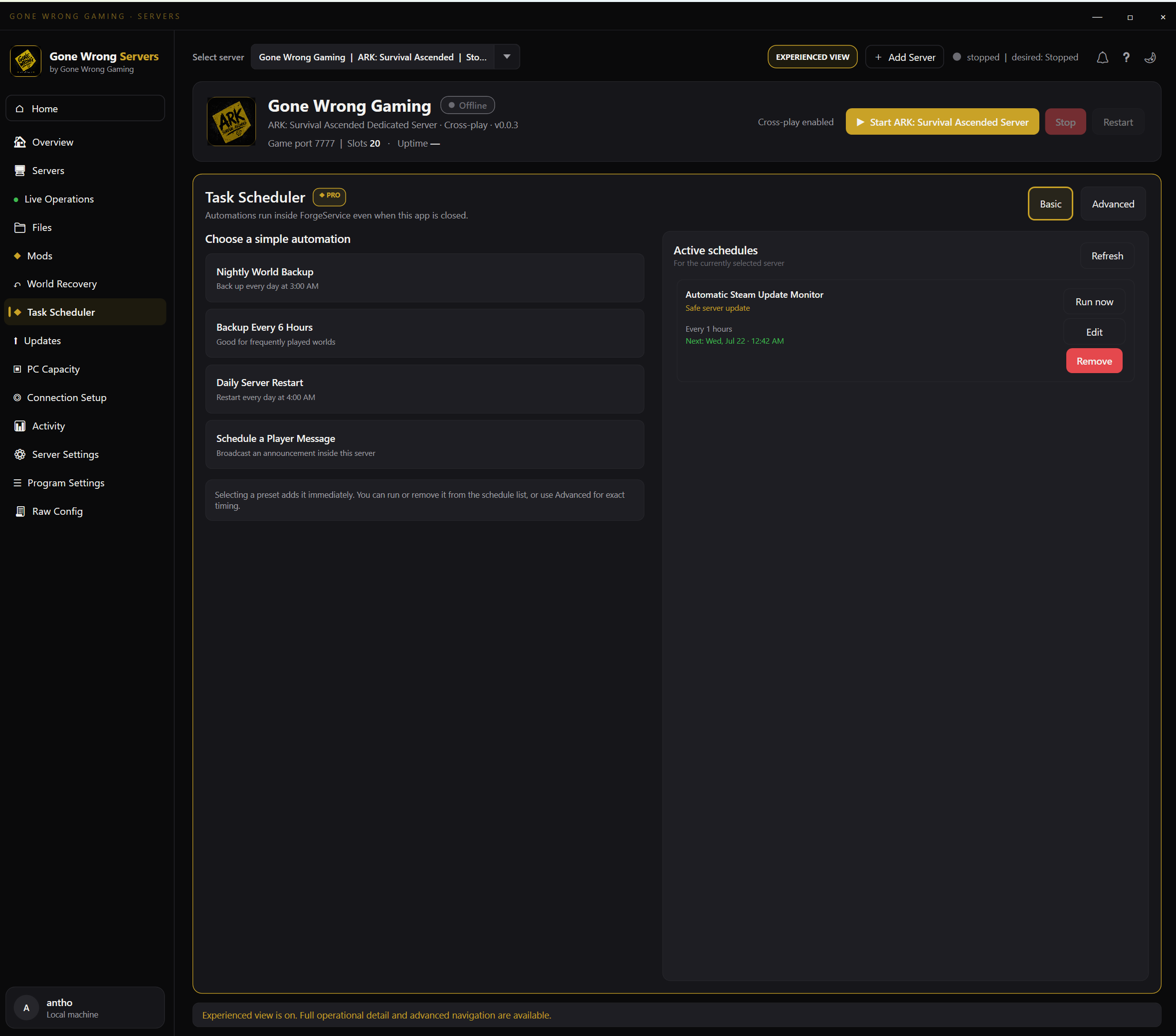 Automation screen in Gone Wrong Servers