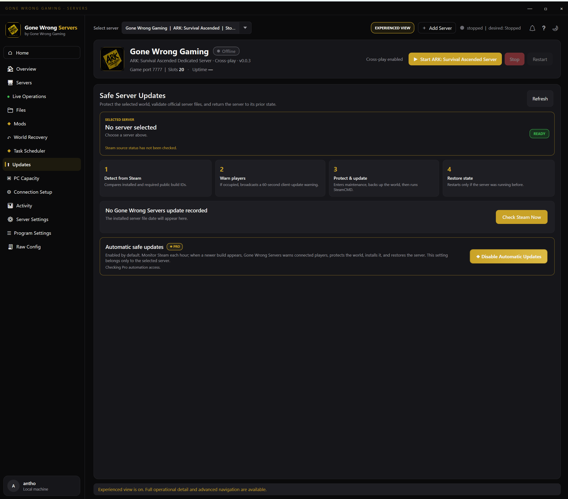 Safe Updates screen in Gone Wrong Servers