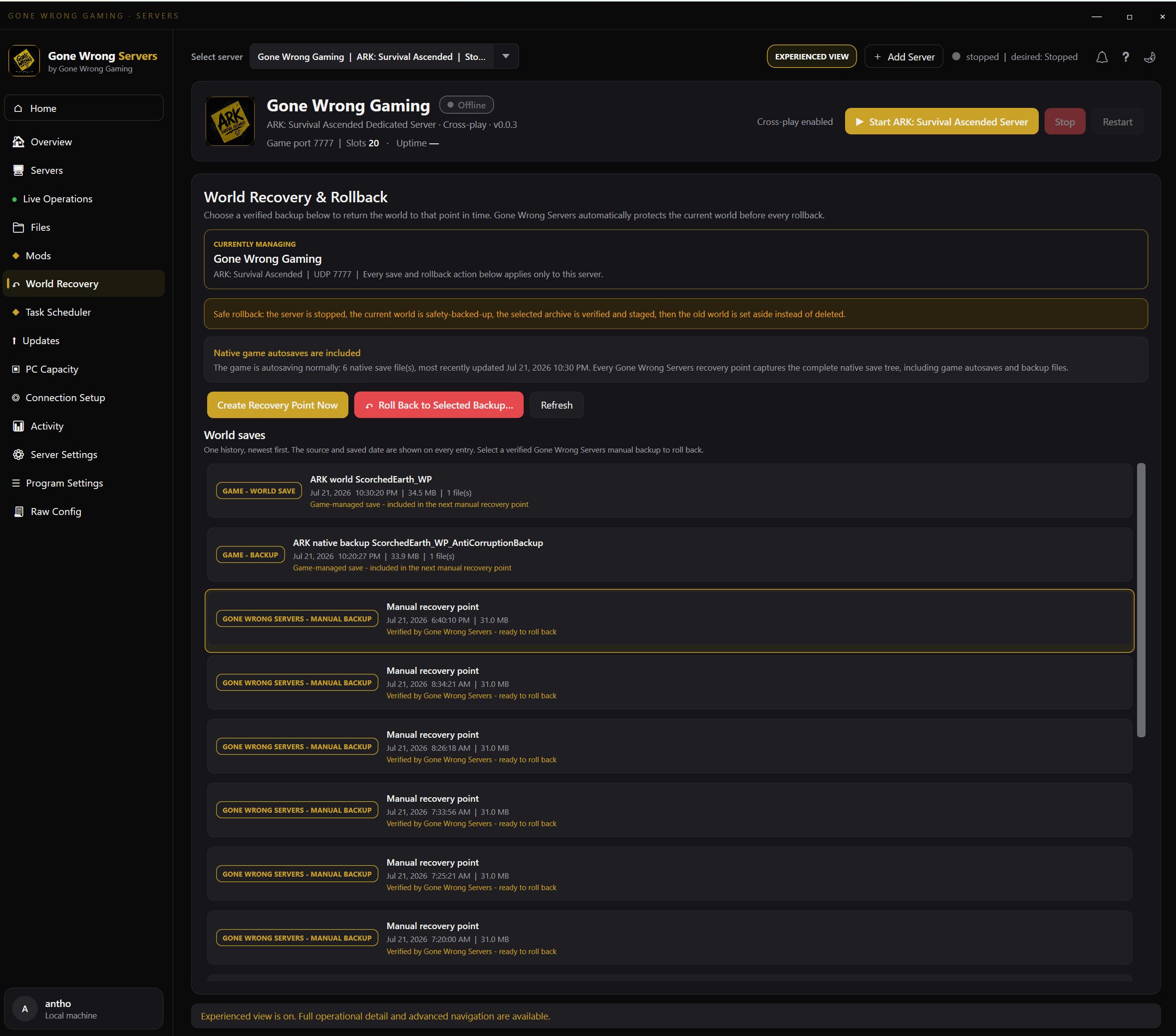 World Recovery screen listing verified recovery points with safe rollback to any saved world